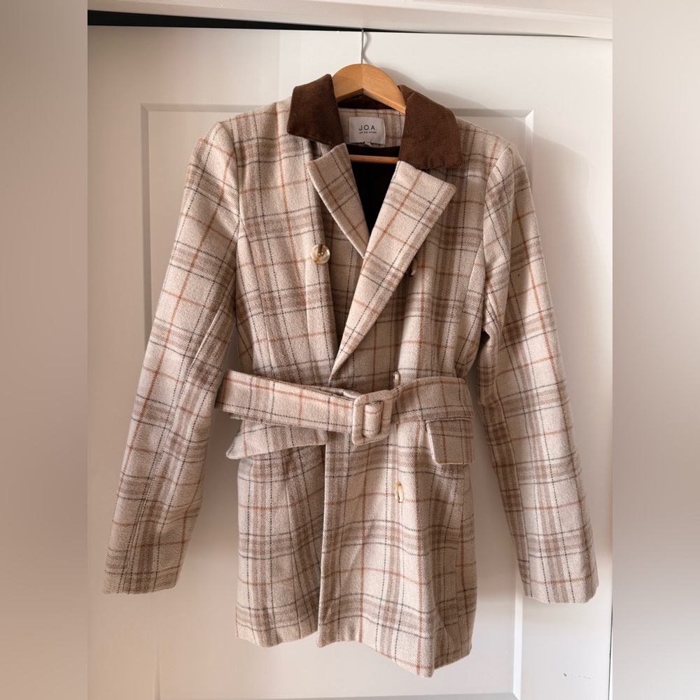 J.O.A. Checkered Plaid Coat - Cream and Brown